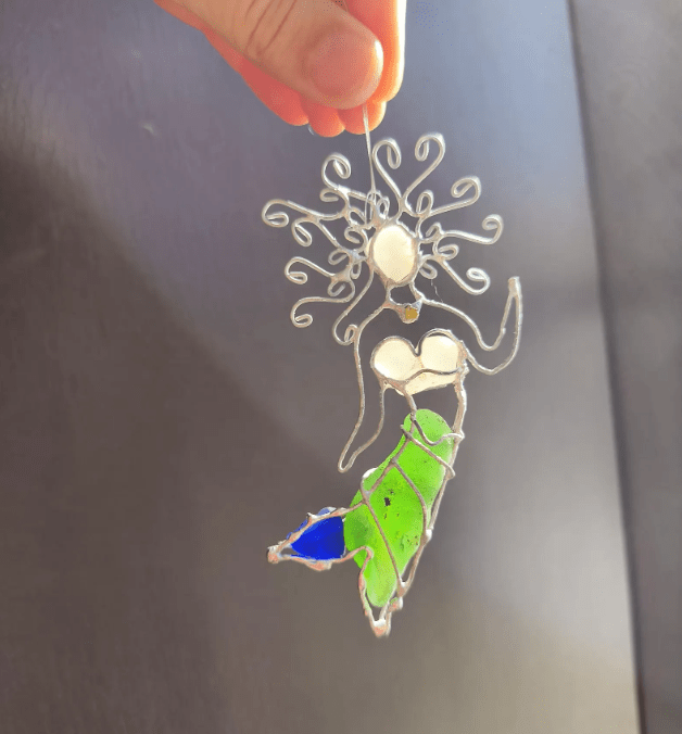 Sea glass little mermaid figurine, unique suncatcher ornament, recycled art home decor - Image 4