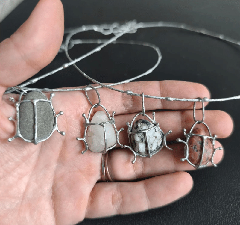 Red or gray or white or patterned pebble bug necklace to order, chunky statement beetle art pendant, unique recycled beach jewelry - Image 11
