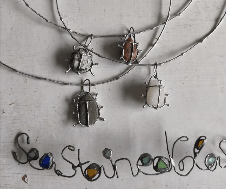 Red or gray or white or patterned pebble bug necklace to order, chunky statement beetle art pendant, unique recycled beach jewelry - Image 9