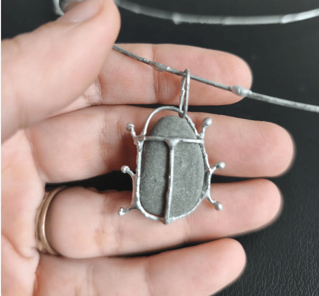 Red or gray or white or patterned pebble bug necklace to order, chunky statement beetle art pendant, unique recycled beach jewelry - Image 8