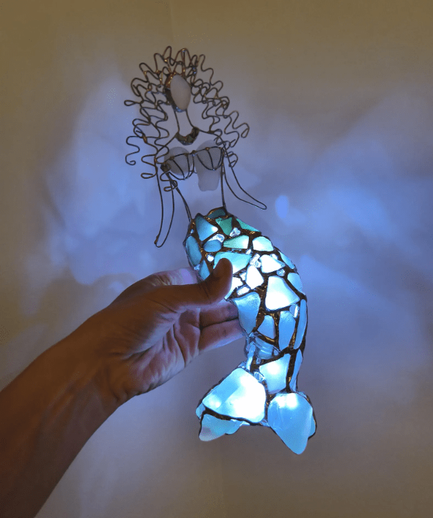 Sea stained glass 3D mermaid figurine night light, upcycled art home decor - Image 9